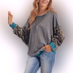 Suzanne Betro Gray and Teal Oversized Sweater with Floral Sleeves